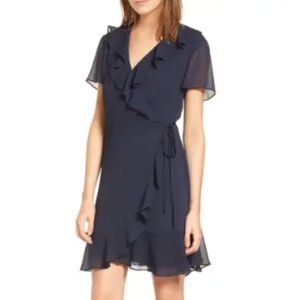 LUSH Womens Ruffle Wrap Mini Dress Short Sleeve Navy Blue Size Medium